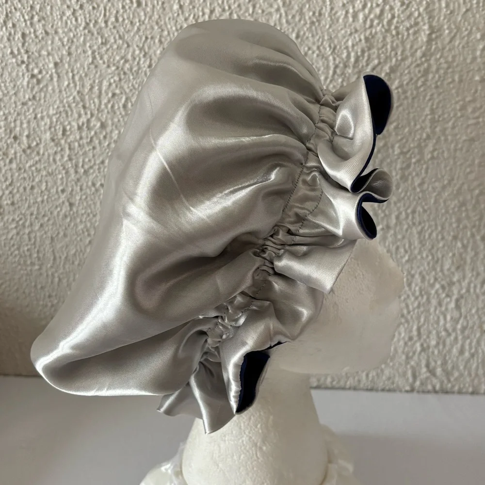 Reversible Satin Sleep Bonnet – Navy Blue & Silver – Extra Large, Elastic Fit